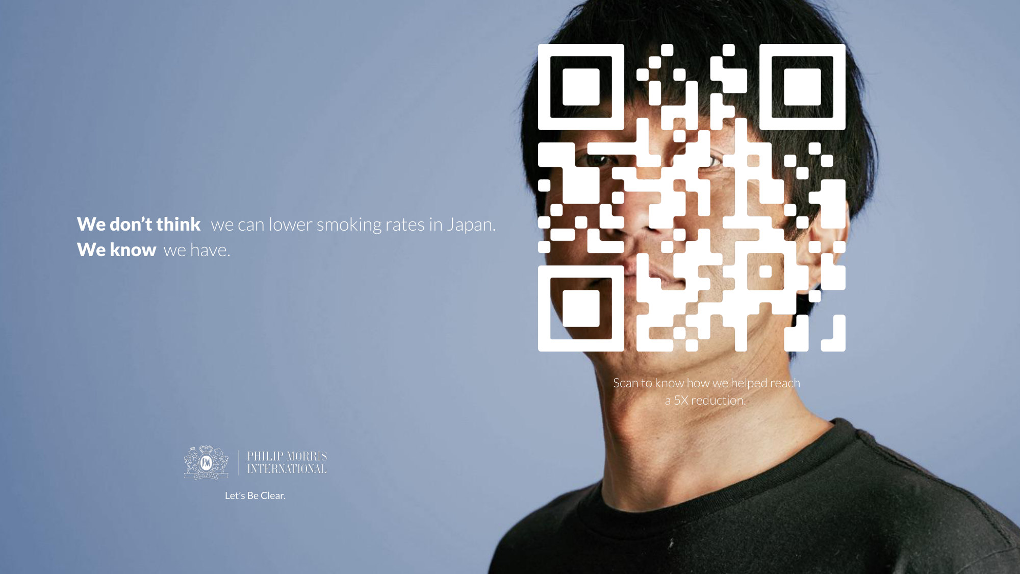 PMI Let's Be Clear QR code ad: we know we have lowered smoking rates in Japan