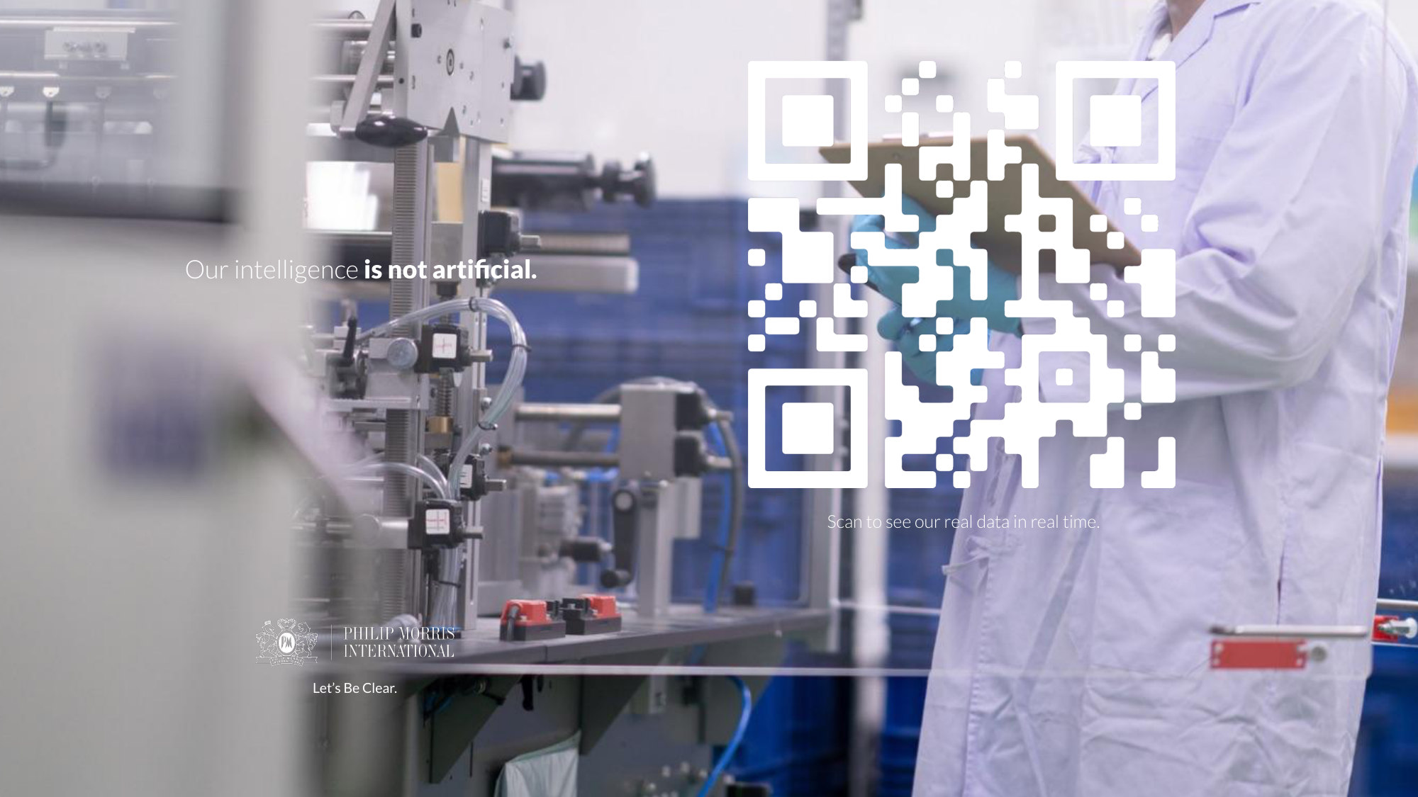 PMI Let's Be Clear QR code ad: our intelligence is not artificial